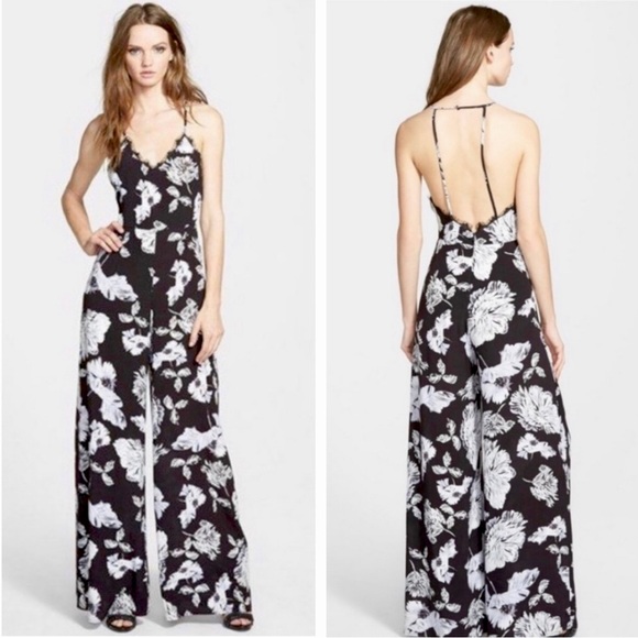 Astr Pants - ASTR THE LABEL Spaghetti Strap Wide Leg Eyelash Lace Trim Floral Jumpsuit Black